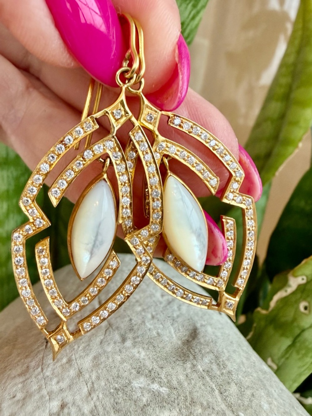 18 karat gold, diamond, and mother of pearl earrings